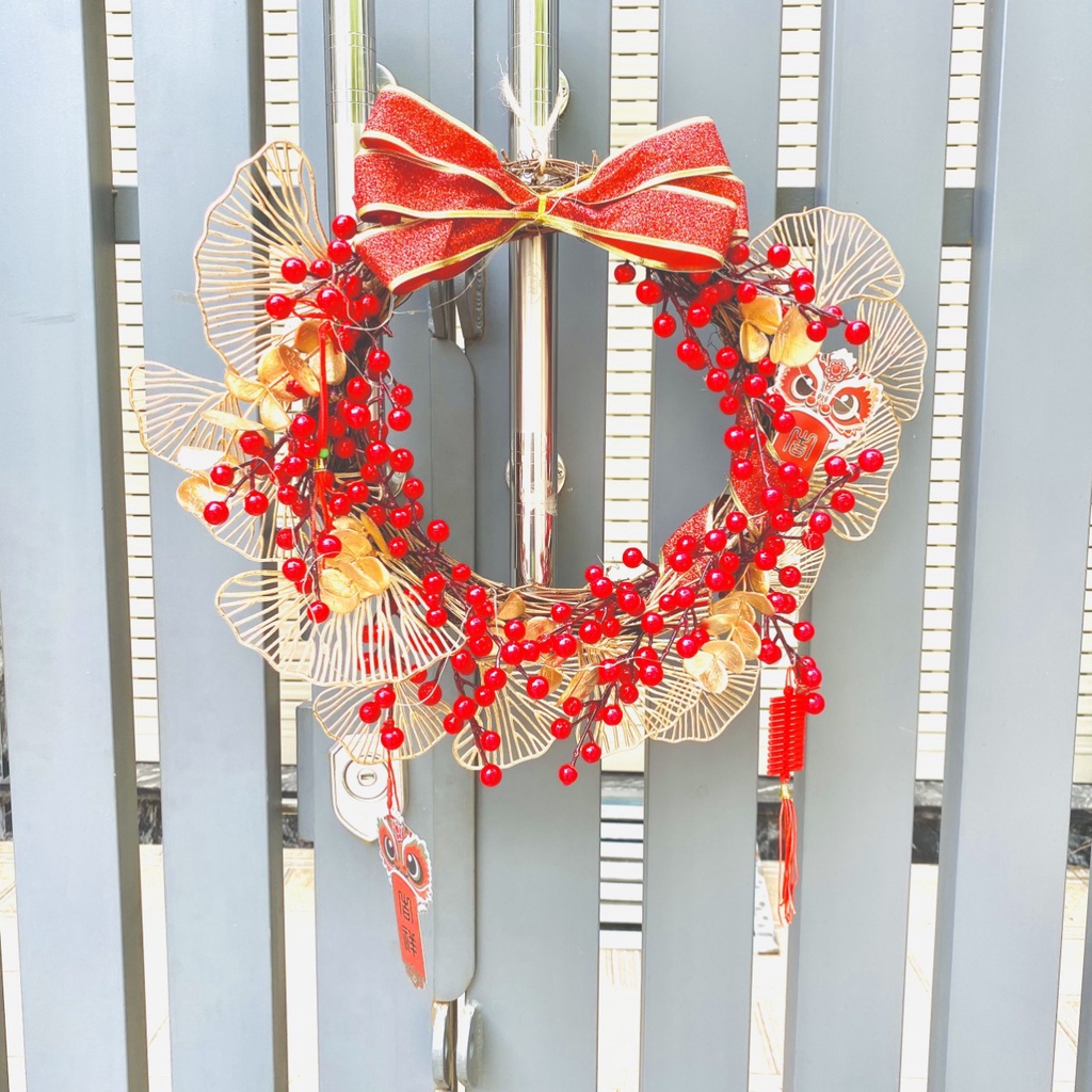 Vòng hoa đào đông đỏ trang trí tết có đèn H36 - Hoa trang trí | Zalora.vn
