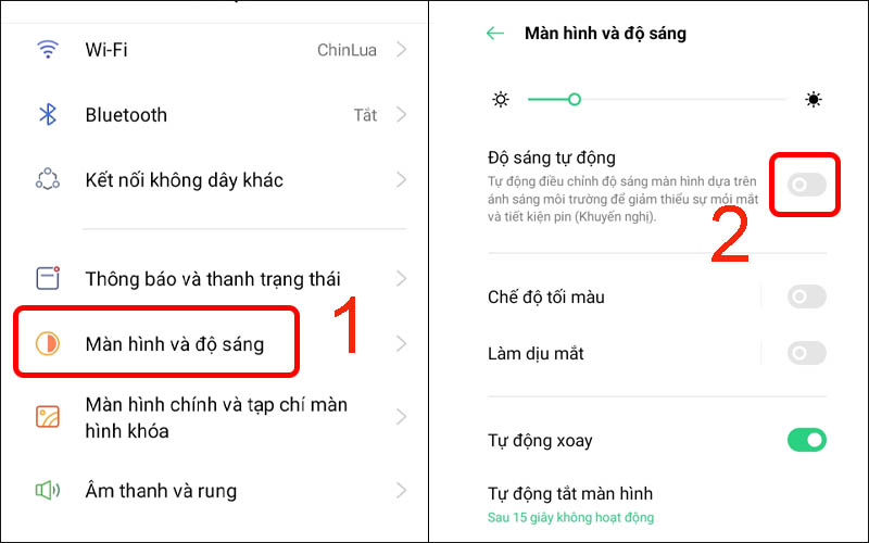 Chọn Màn hình & Độ sáng rồi tắt độ sáng tự động
